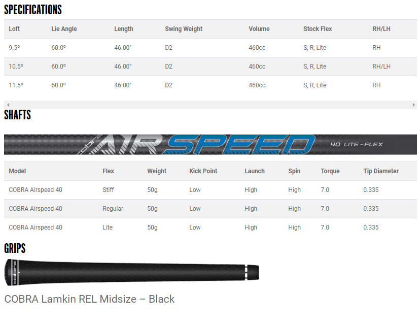 Specifications Driver Cobra Airspeed