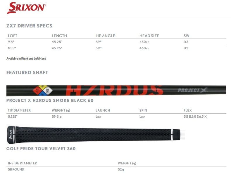 Specs Driver Srixon ZX7 