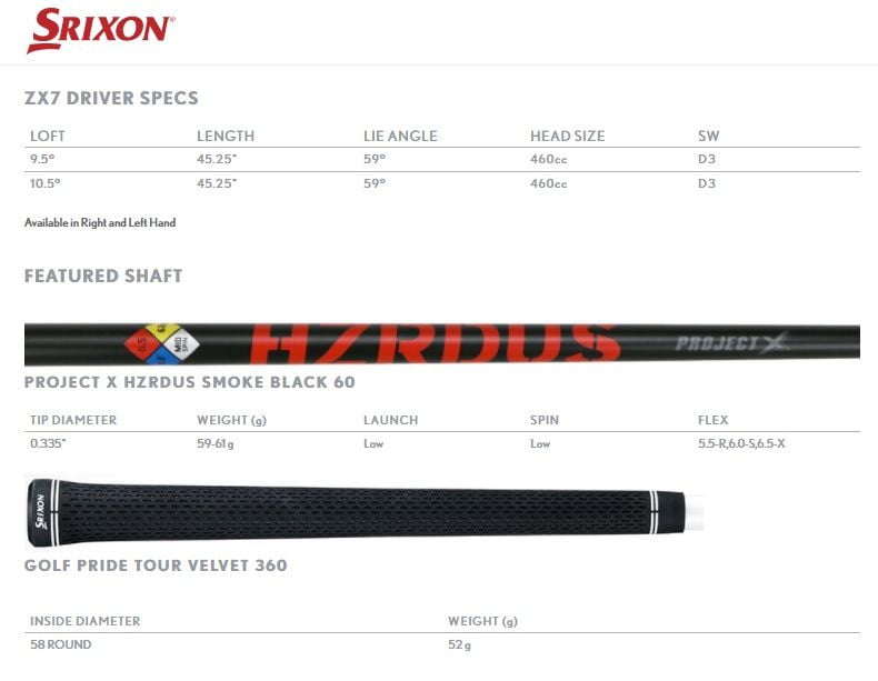 Specs Driver Srixon ZX7