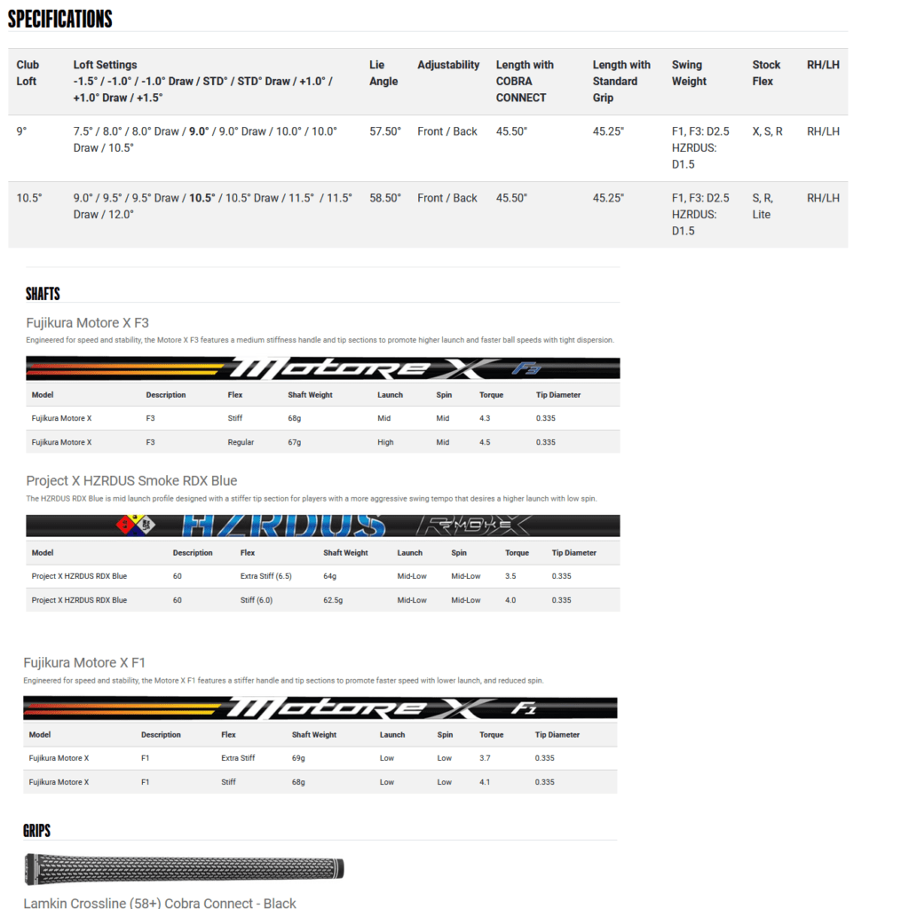 Specs Driver Cobra Radspeed