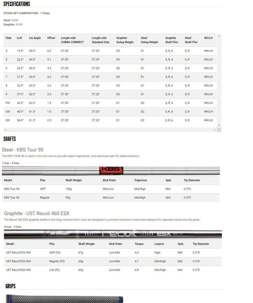 Specs serie de fers Cobra Radspeed One Lenght